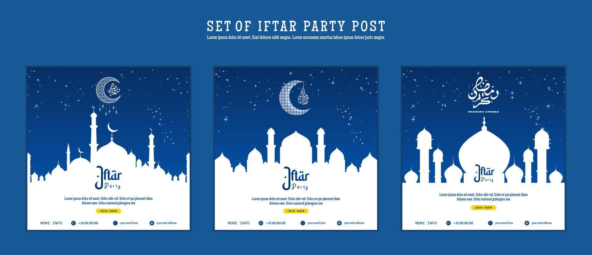 Set of Iftar Party invitation, Iftar mean is breakfasting. social media template with islamic background design vector