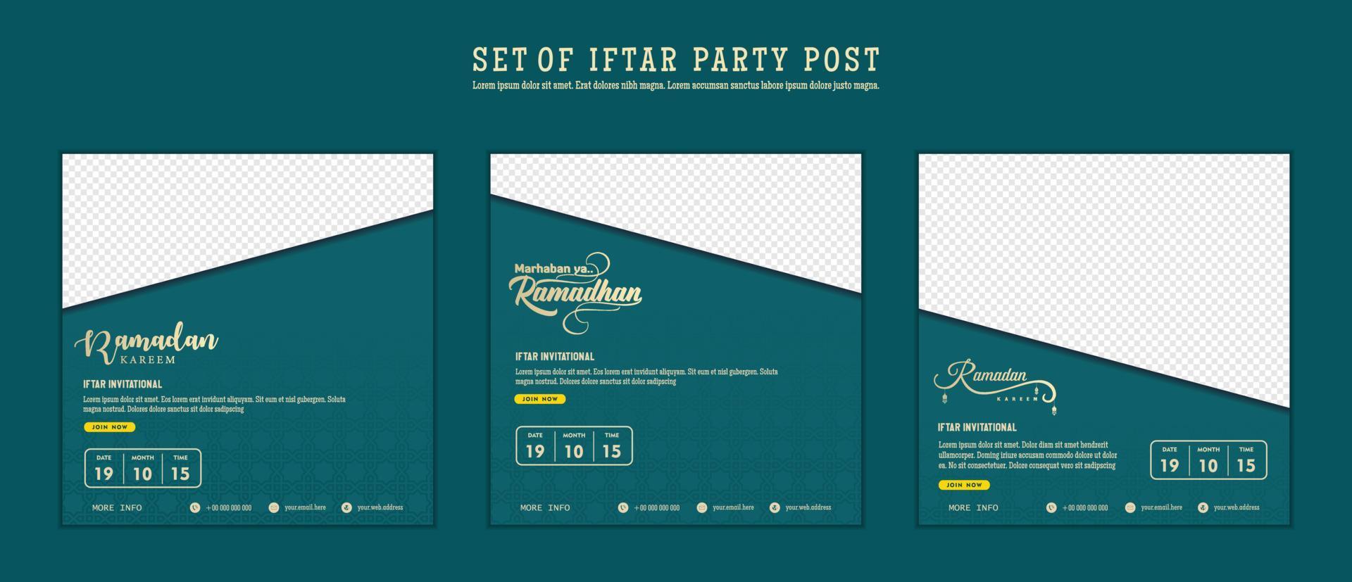 Set of Iftar Party invitation, Iftar mean is breakfasting. social media template with islamic background design vector