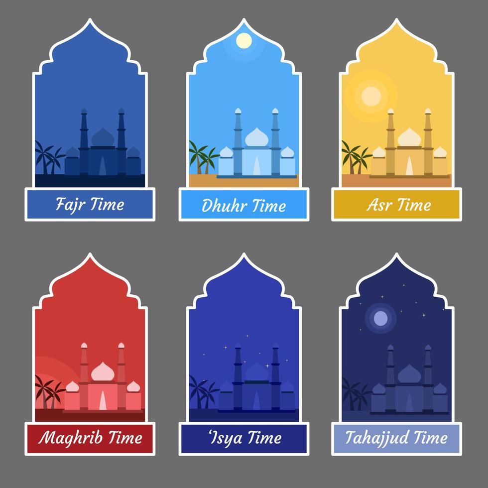 Set of Five Prayer Times Symbol with Mosque Illustration on Different Time Scenes vector