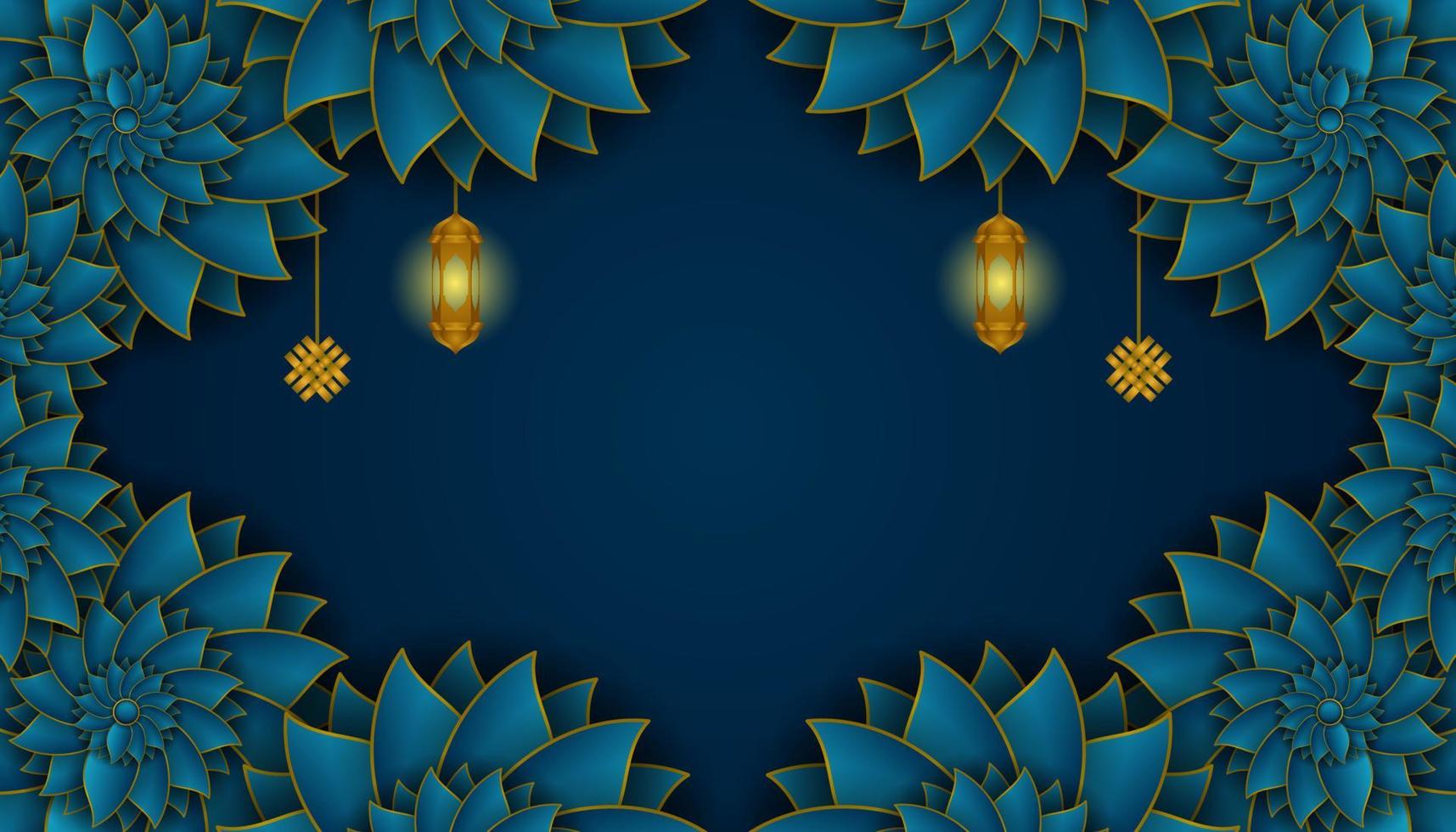 Luxurious Islamic background with decorated floral frames in dark blue and gold. with a blank area in the middle for text vector