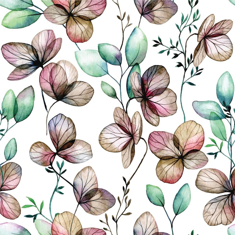 watercolor seamless pattern transpar green eucalyptus leaves and dry hydrangea flowers. vintage print on the theme of autumn. for fabric, wallpaper, wrapping. green and blue eucalyptus leaves vector