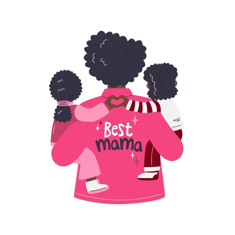 mejor mamá nunca fiesta concepto. africano americano madre participación su niños. negro mamá acurrucarse hijo y hija. linda momia con niños con letras. de la madre día mano dibujado plano vector ilustración