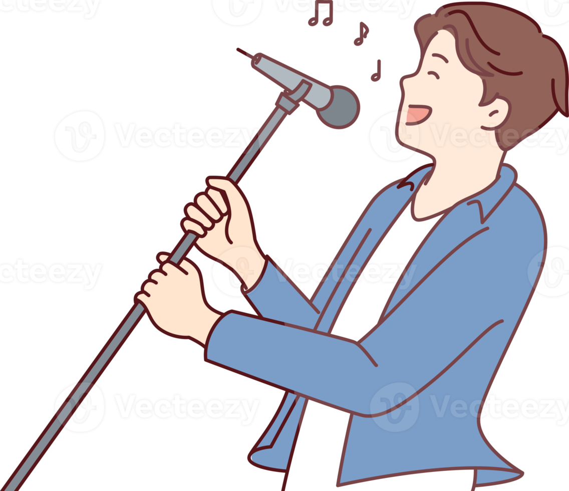 Man pop star sings song leaning back with microphone on tripod in hands png