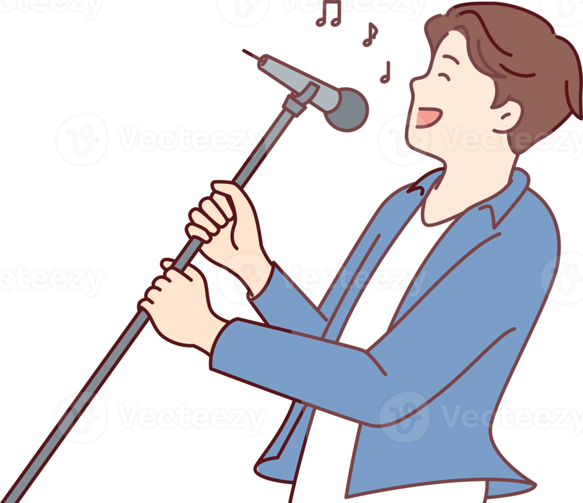Mens knal ster zingt lied leunend terug met microfoon Aan statief in handen png