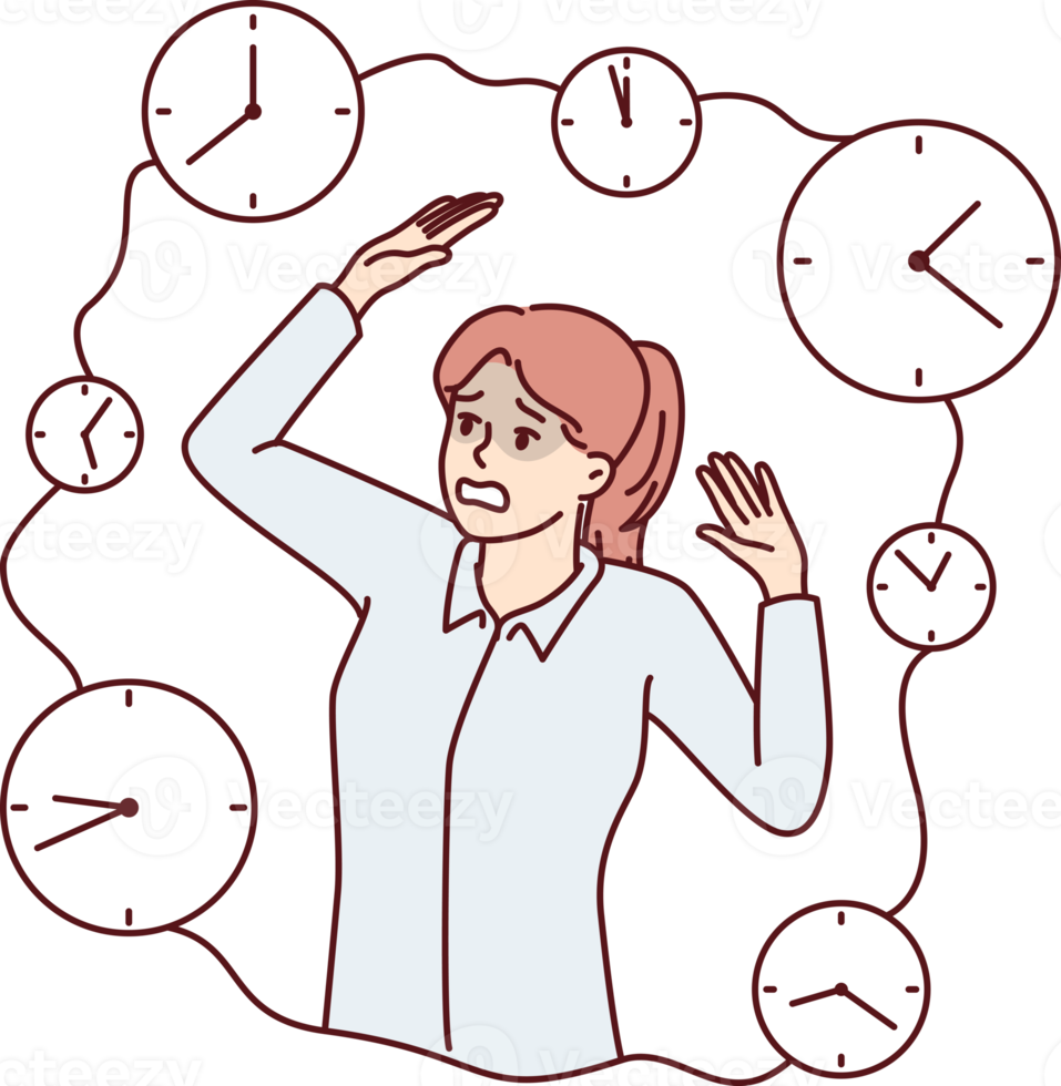 Frightened woman raising hands standing among clocks symbolizing tough deadlines png