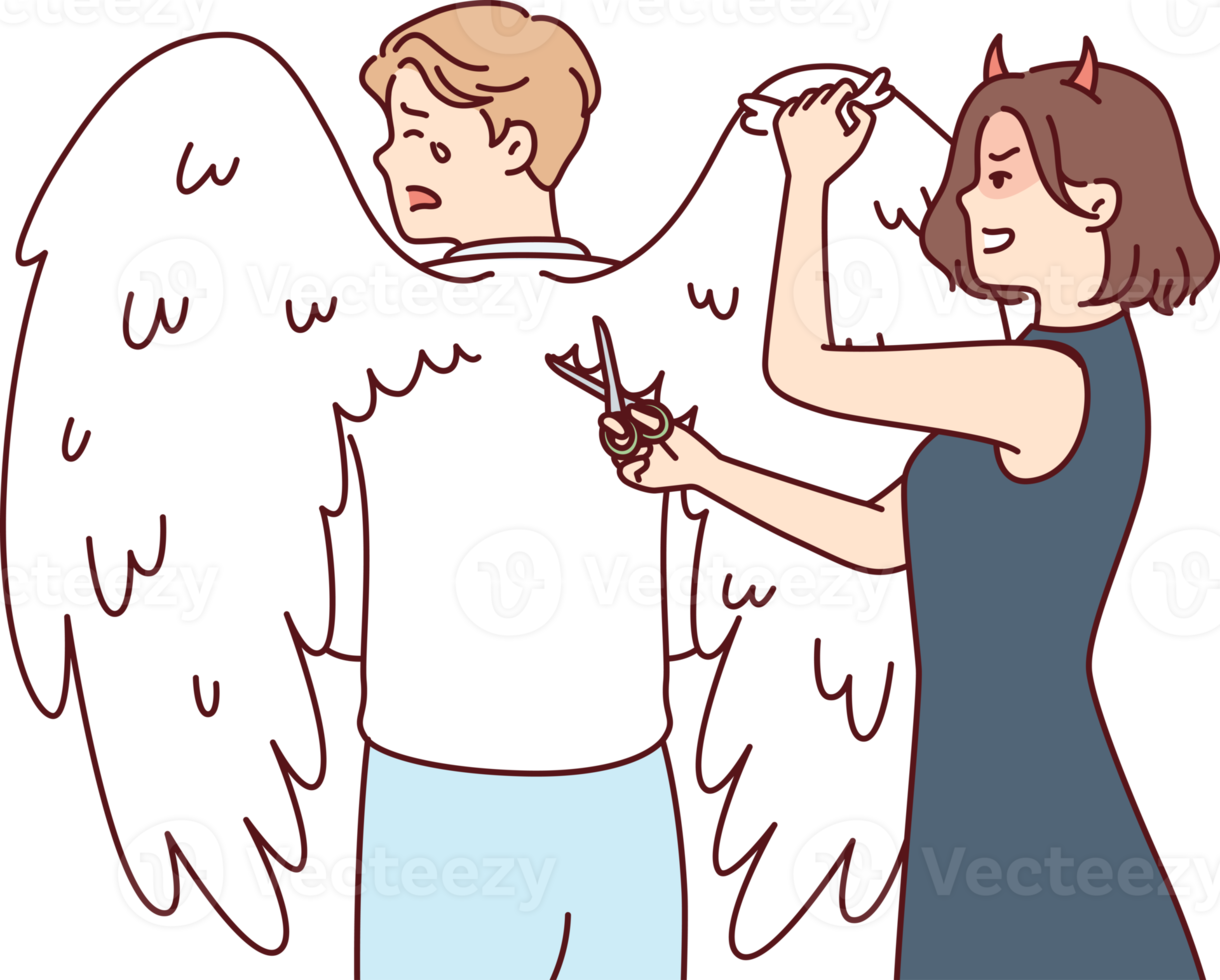 Woman with clipping wings on back of crying man to limit freedom and potential png