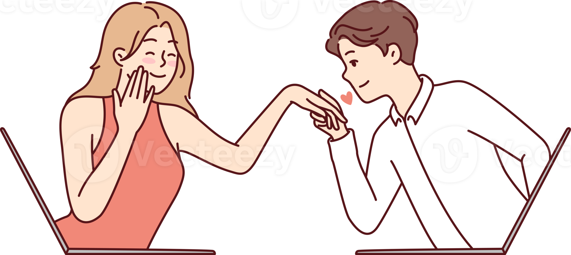 Determined guy kisses hand of embarrassed girl looking out of laptop screen png