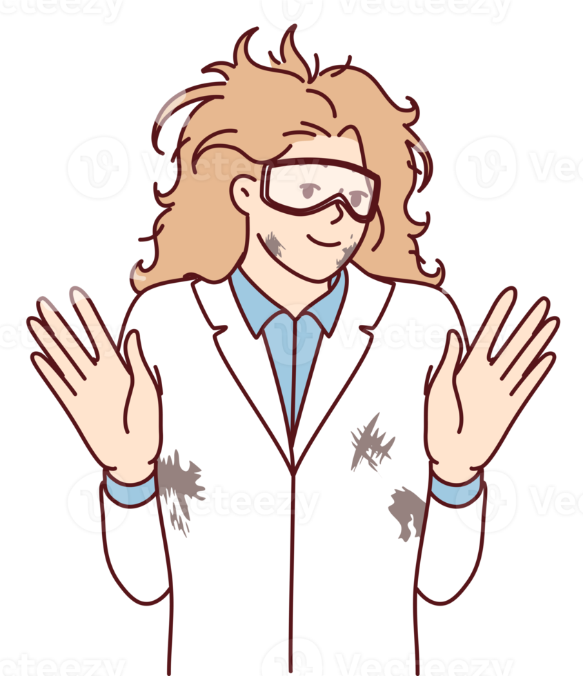 Woman mad scientist with tousled hair after failed experiment with chemical reagents png
