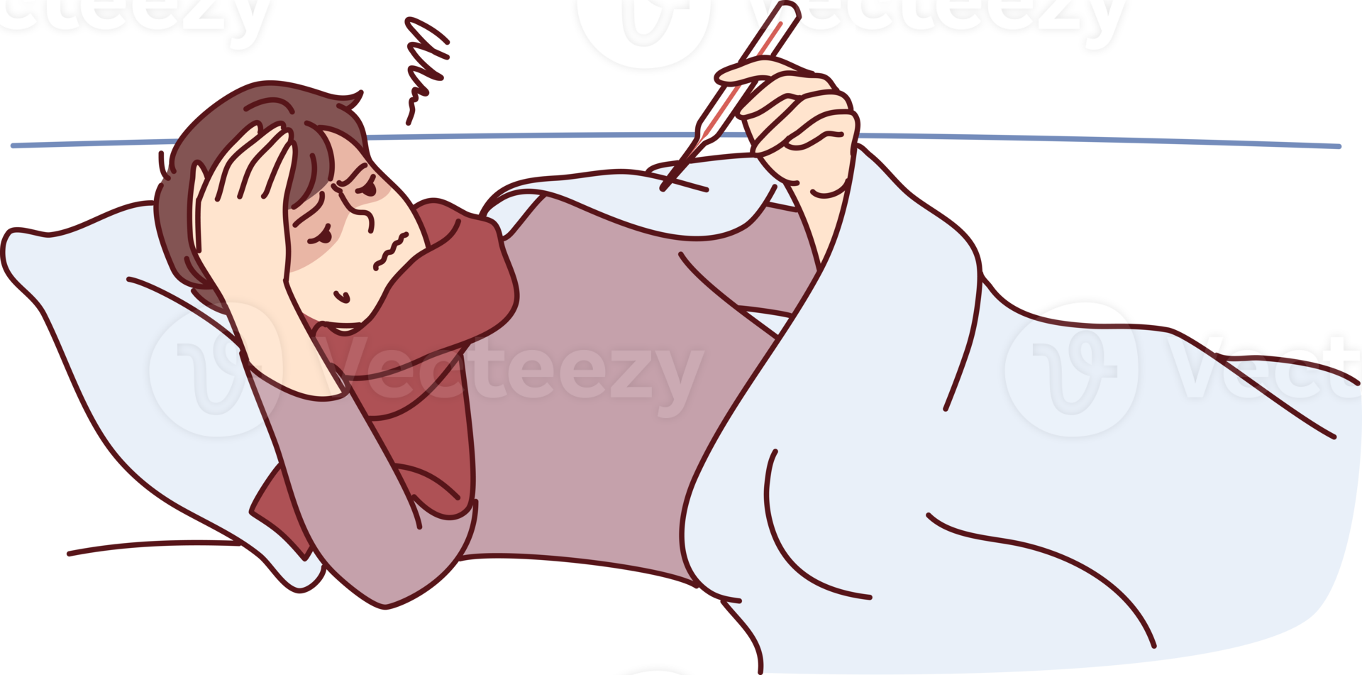 Sick guy lies on sofa or bed under blanket and looks at thermometer after getting flu png