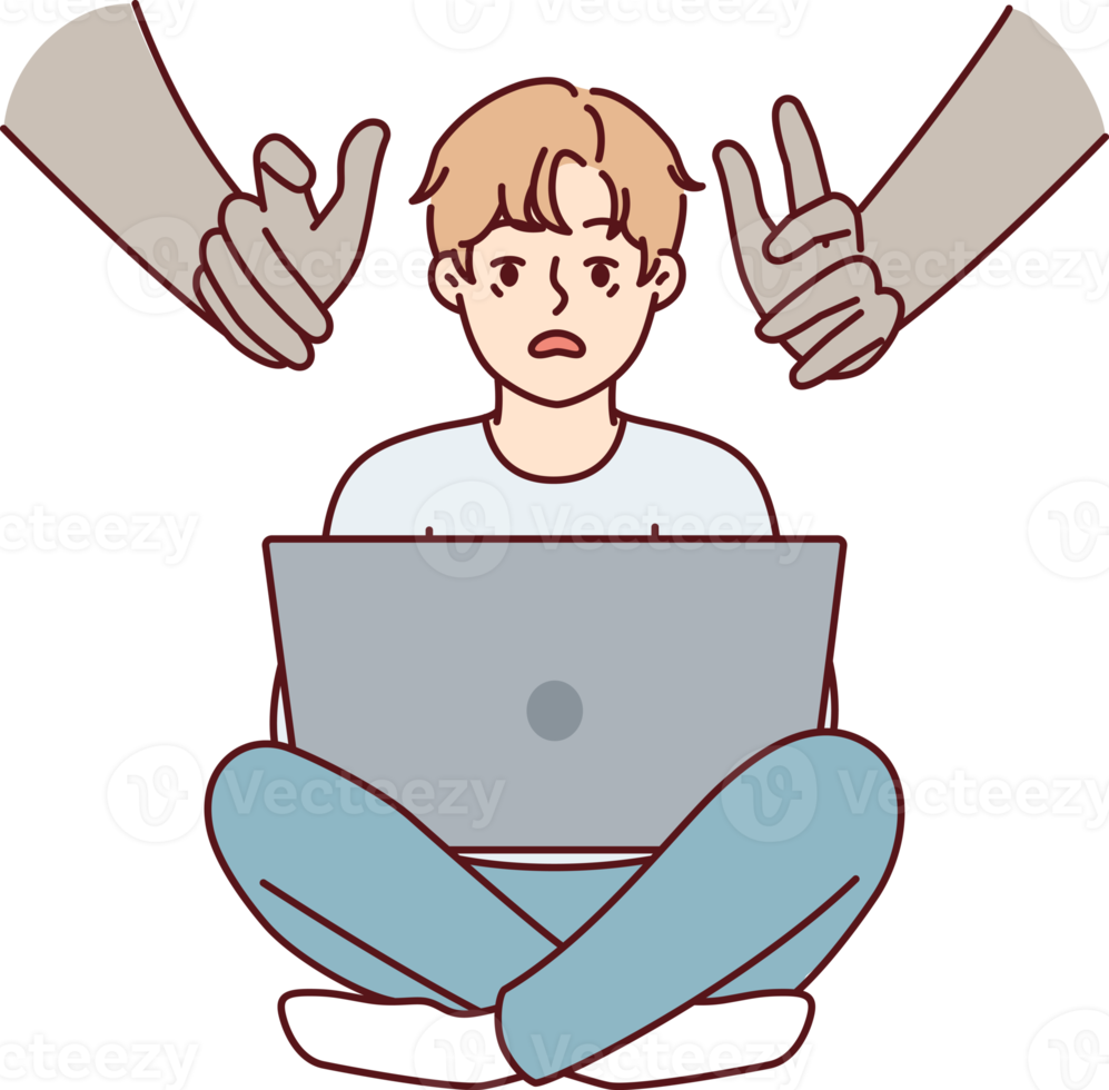 Hands reaching out to teenage boy using laptop with internet without parental control png