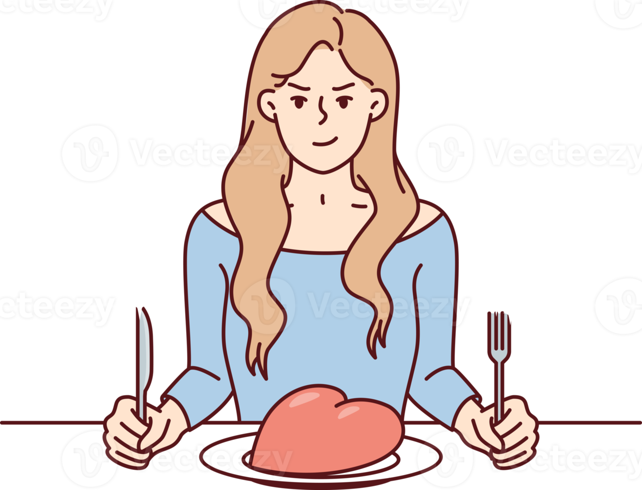 Frowning woman sits at table with giant heart in plate and holds fork with knife png