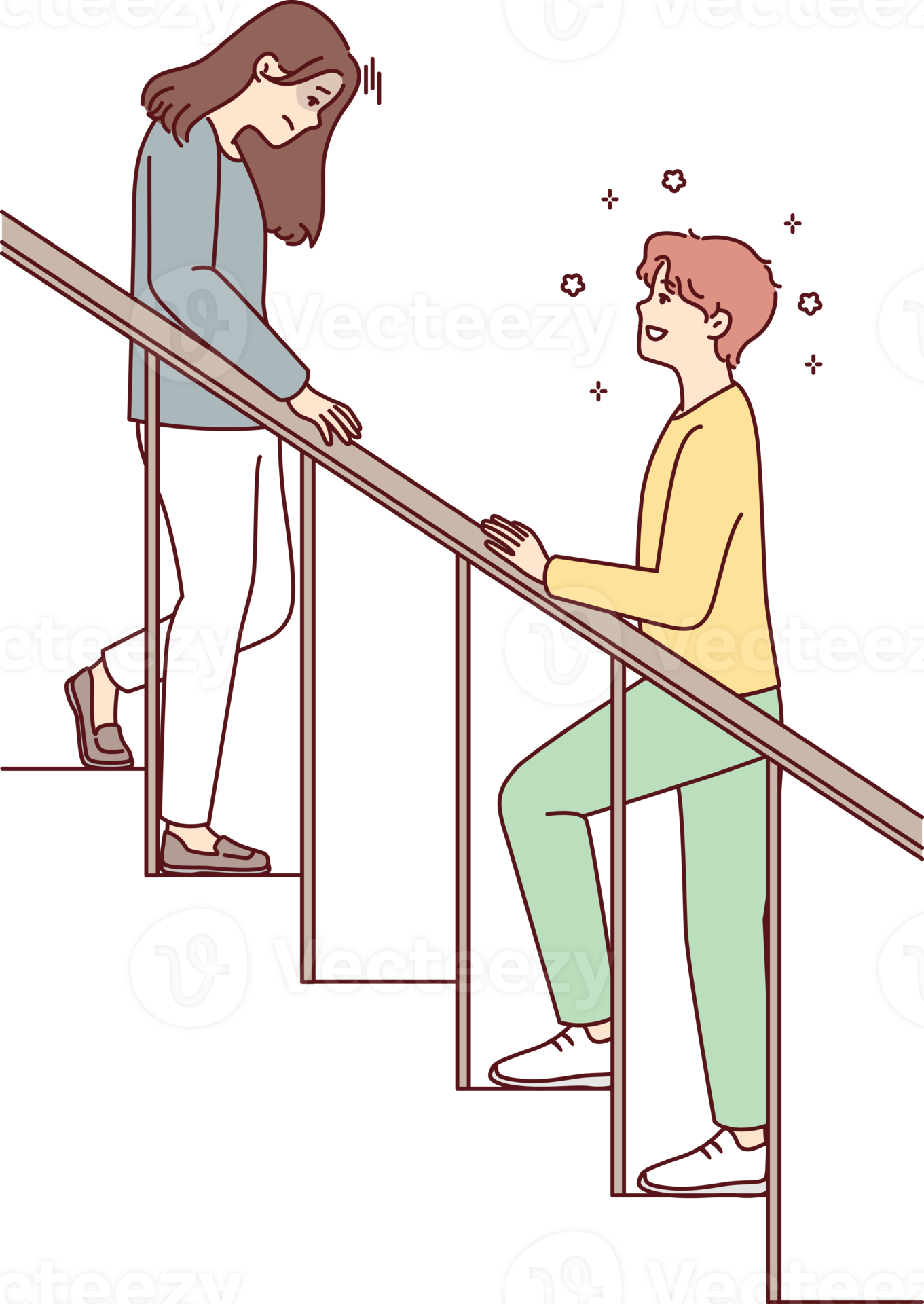 Woman with head down goes down stairs and man is waiting for beloved