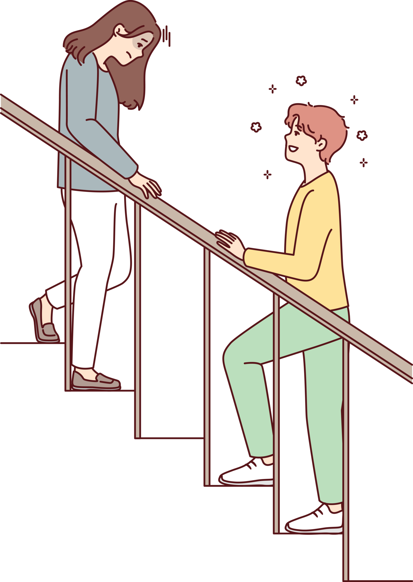 Woman with head down goes down stairs and man is waiting for beloved