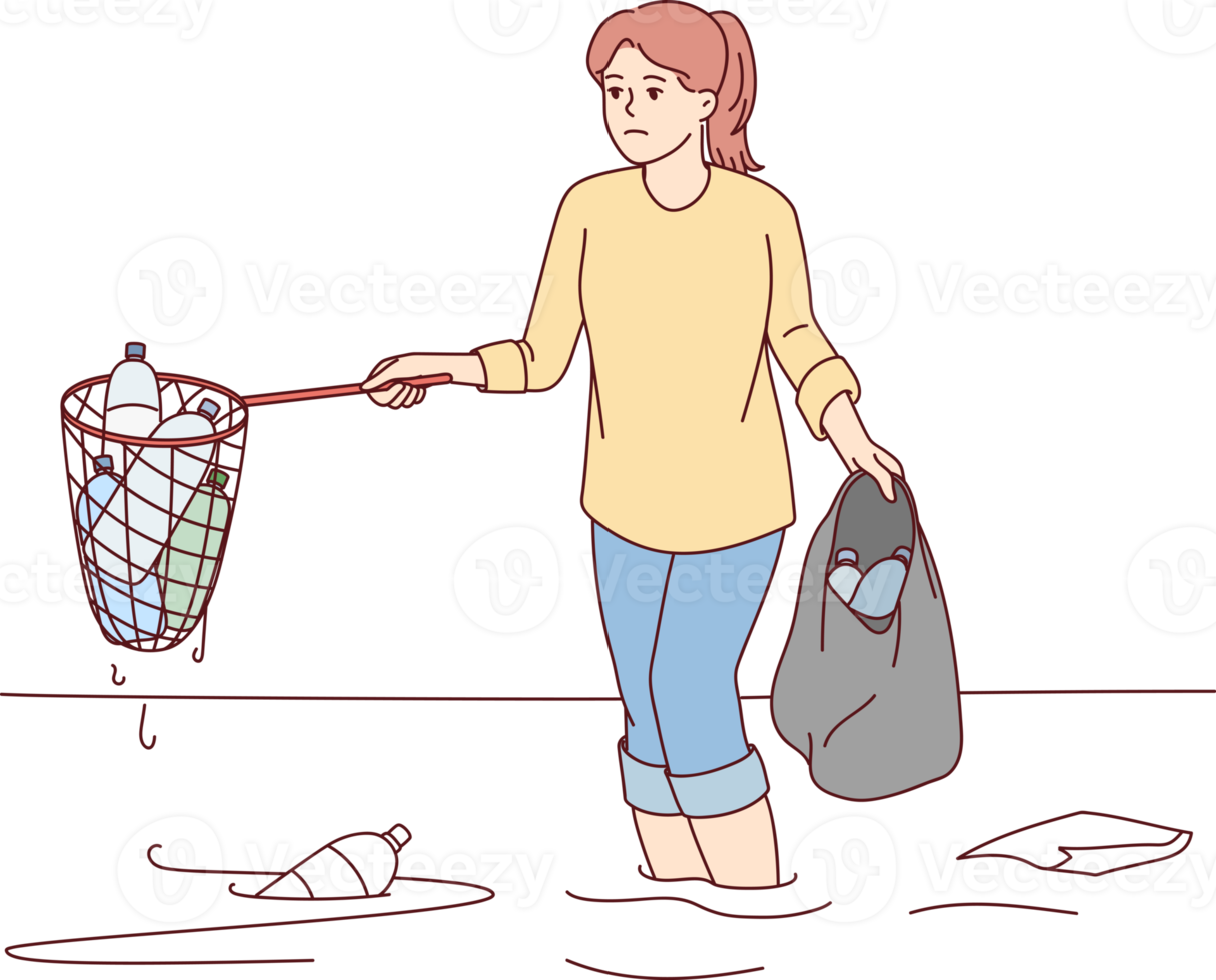 triste femme nettoie océan de Plastique des ordures par tirant en dehors bouteilles en utilisant scoop-net png