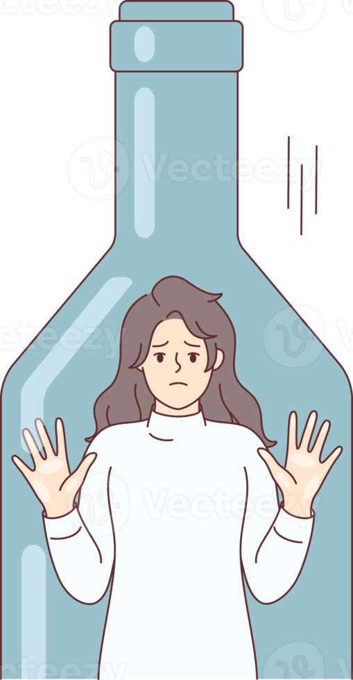 Depressed woman standing inside transparent bottle cant get out due to alcohol abuse png