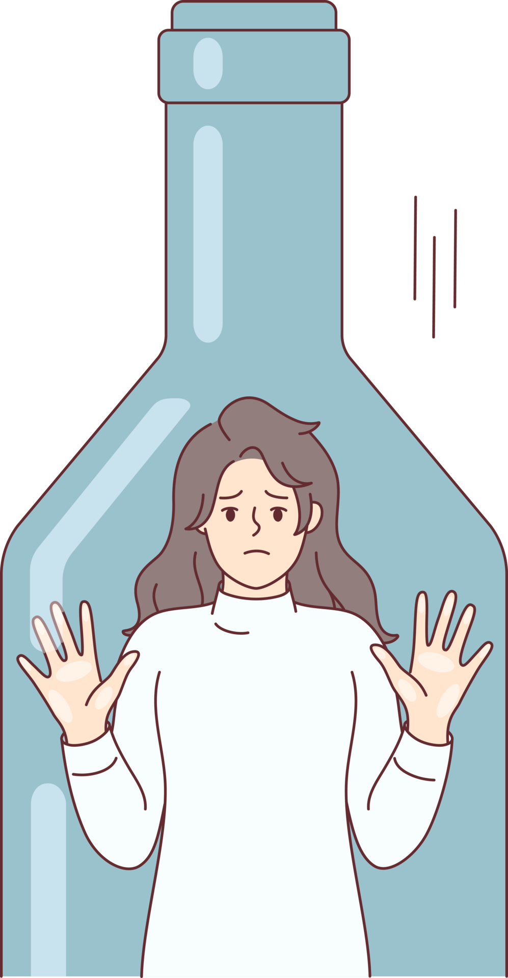 Depressed woman standing inside transparent bottle cant get out due to