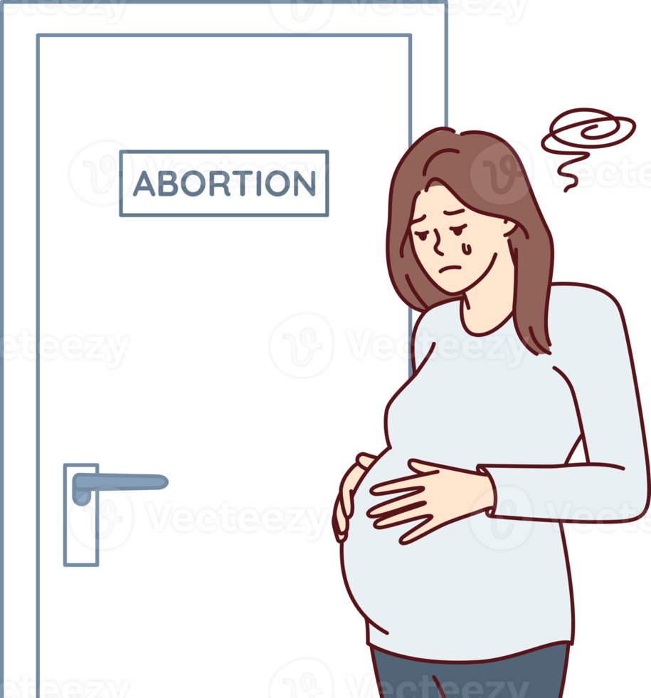 verärgert schwanger Frau in der Nähe von Tür mit Abtreibung Zeichen nach Herstellung schwierig Entscheidung png