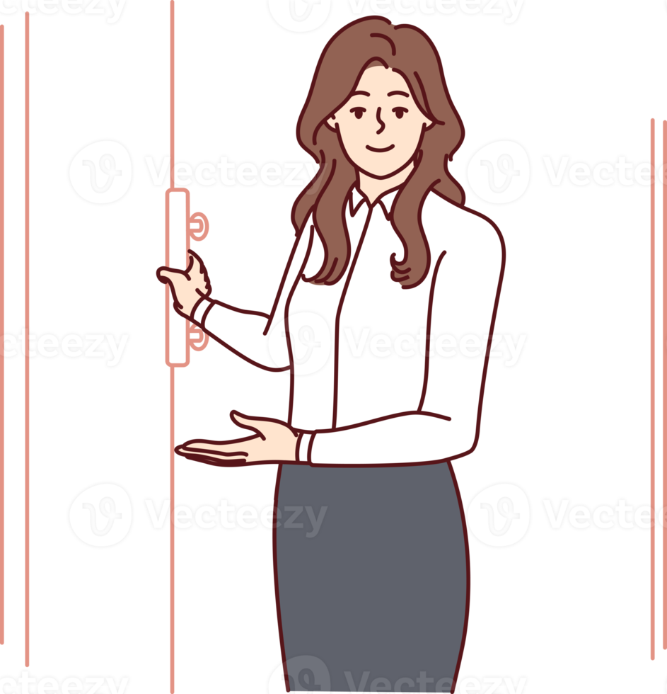 gästfri kvinna sekreterare öppnas dörr inviterar besökare till komma in i kontor png