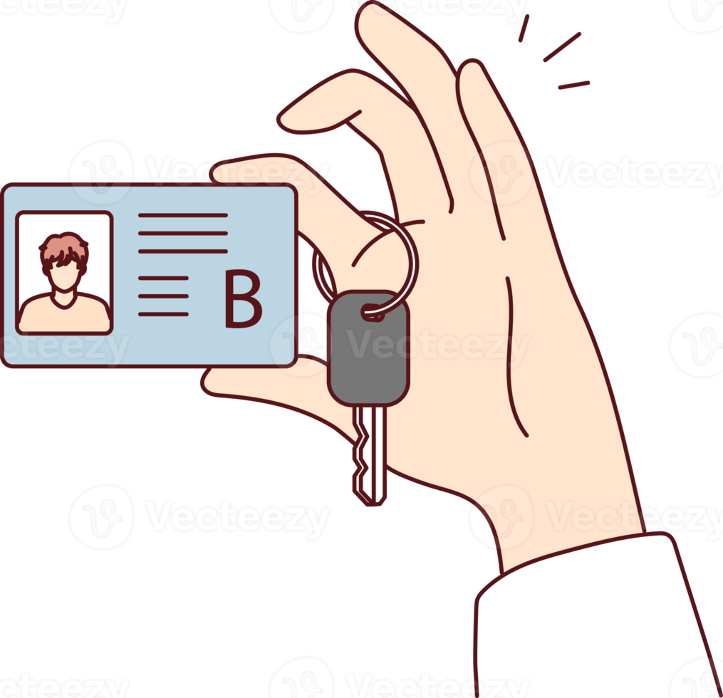 Category B car license with photo and truck ignition key in persons hand png