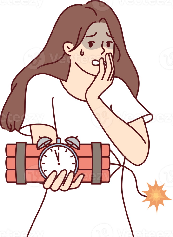 Frightened woman holding bomb in hands panicking because of explosion png