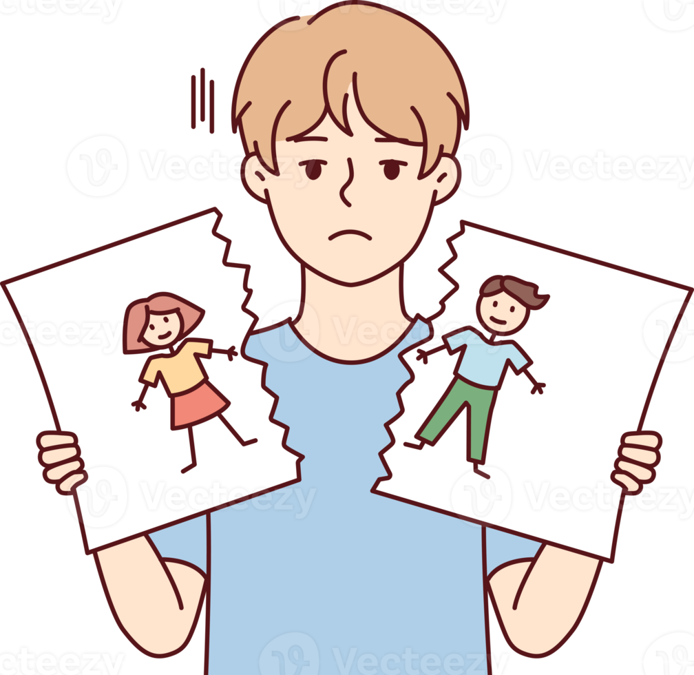 Sad boy after school quarrel or conflict tears up self-drawn portrait png