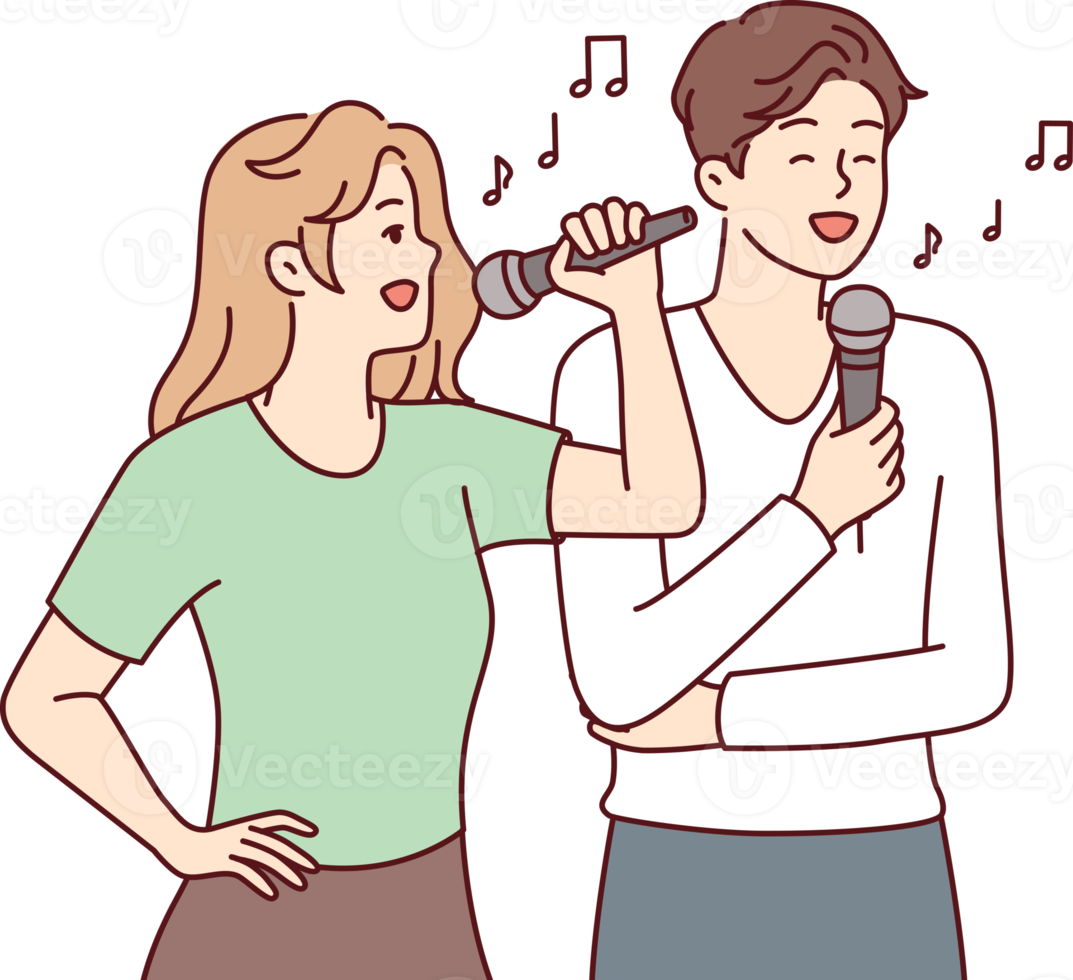 hombre y mujer con micrófonos realizar canción mientras disfrutando karaoke descanso en día apagado png