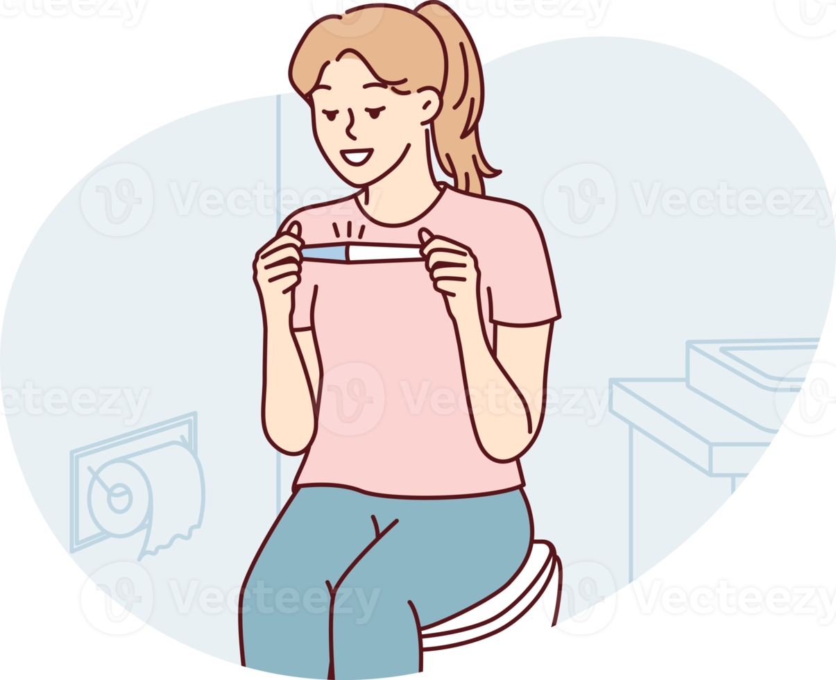 Positive woman sitting in toilet happily looking at pregnancy test result png