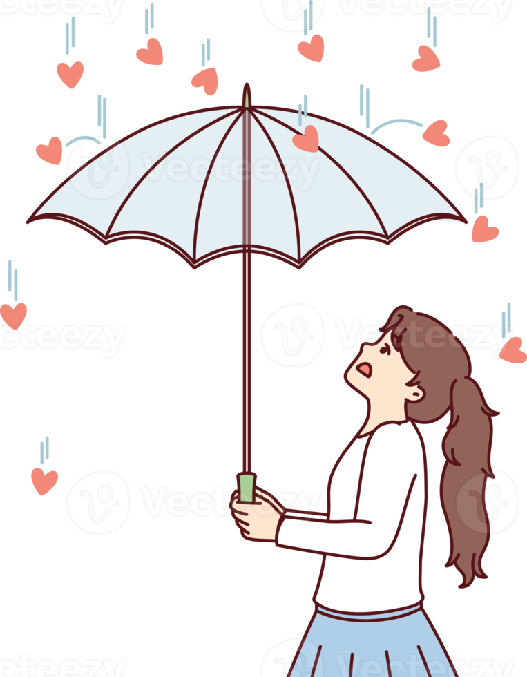 Girl uses umbrella to hide from hearts falling from above, symbolizing loving png