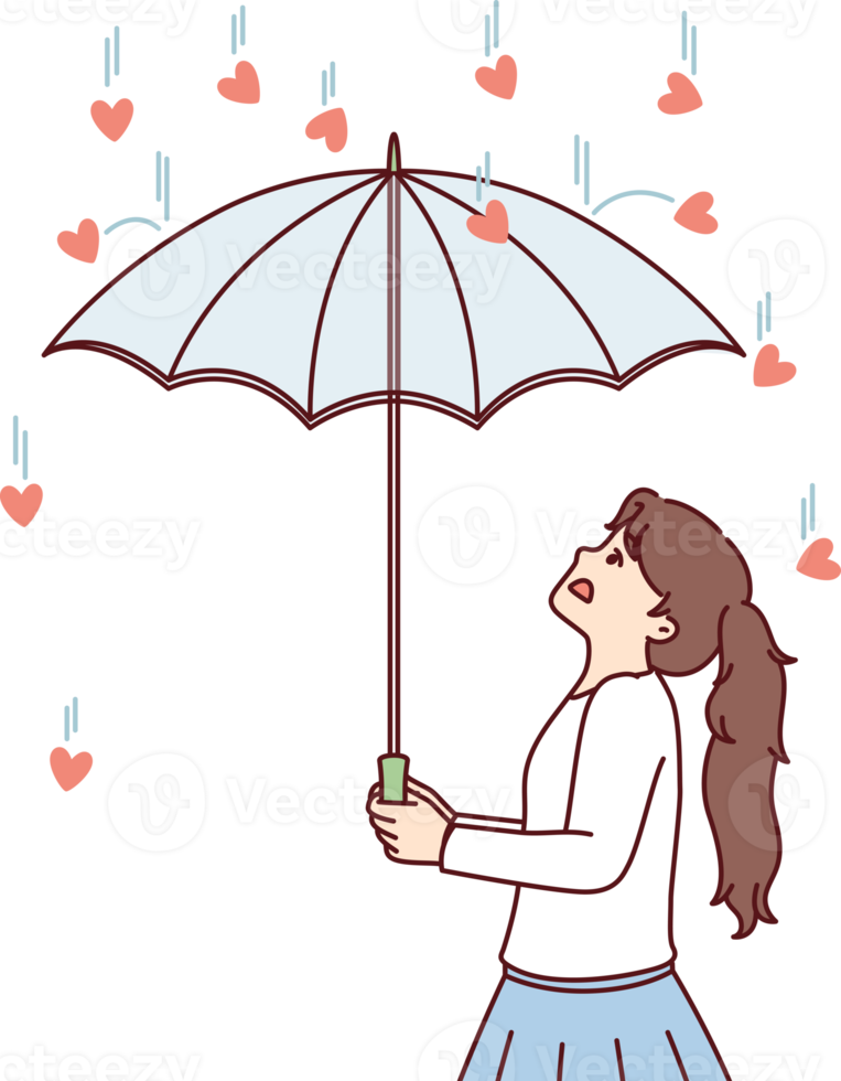 menina usa guarda-chuva para ocultar a partir de corações queda a partir de acima, simbolizando amoroso png