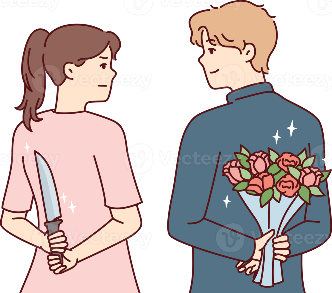 Man and woman look into eyes holding knife and flowers behind their backs png