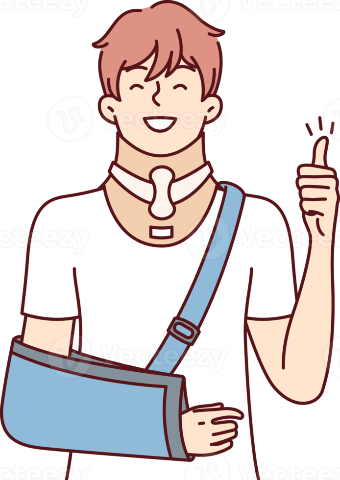 Positive young guy with broken arm and orthopedic collar shows thumb up