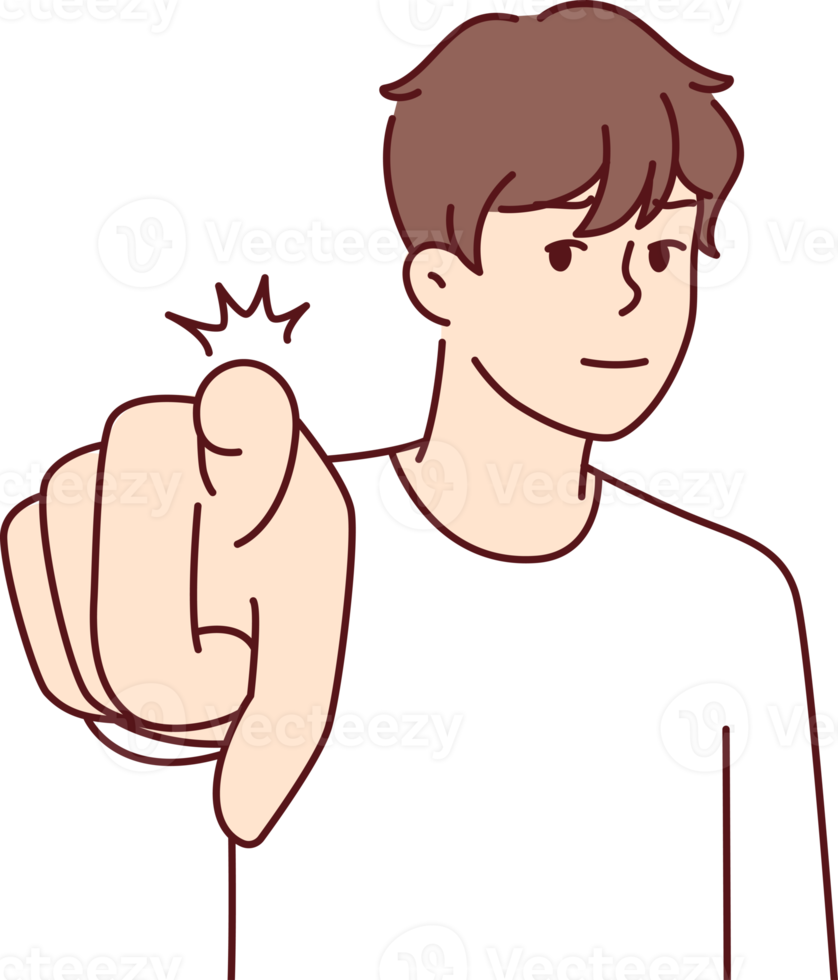 Confident man pointing finger at camera to press button on invisible screen png