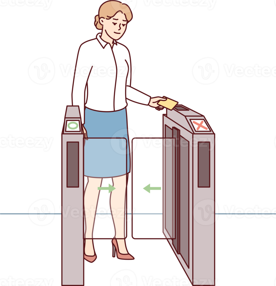 Business woman applying pass to go through turnstile at entrance to office png