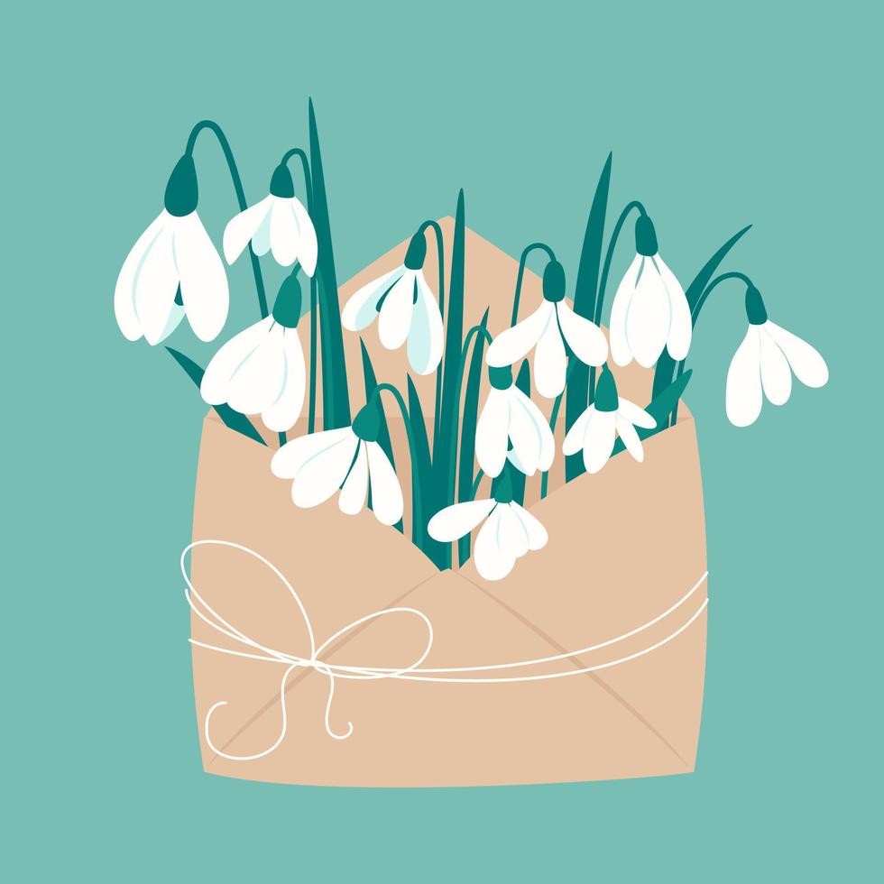 Flowers of snowdrops in envelope. First spring flowers. Delicate flowers of snowdrops for your design. Cute spring greeting card, invitation, banner. Vector illustration,  mint, turquoise background