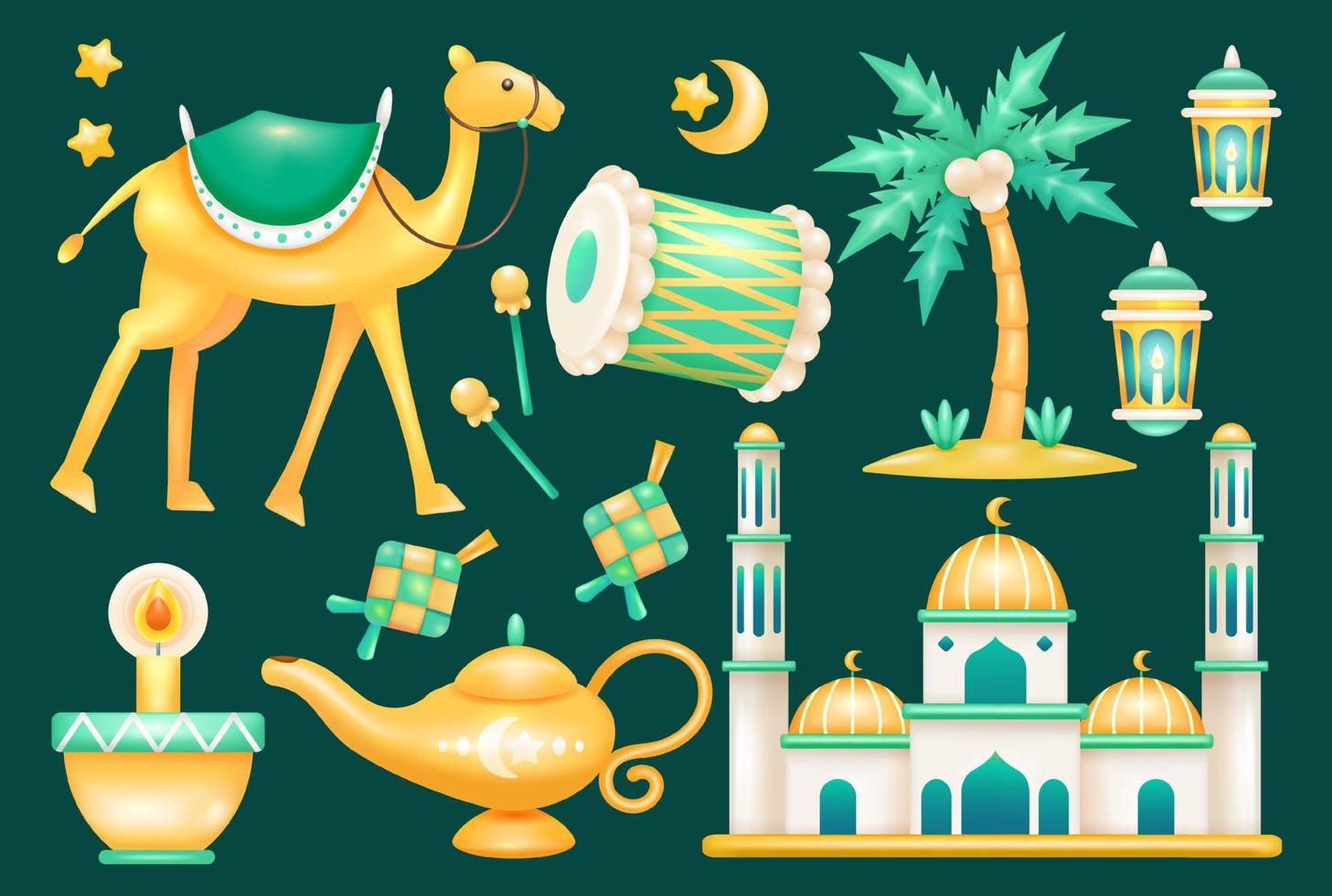 Ramadan 3d elements. Camels, drums, kettles, coconut trees, lanterns, mosques and ketupat vector