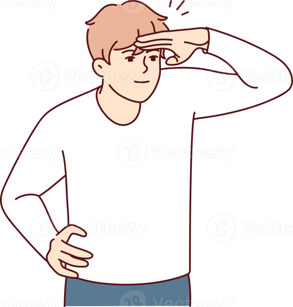 Young man raises hand to forehead to see distant object or protect eyes from sun rays png