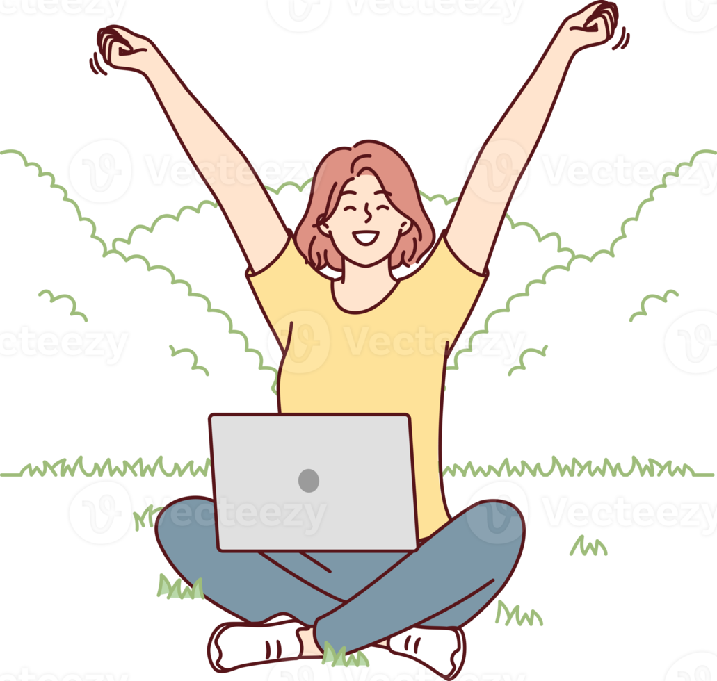 Happy woman sitting on lawn in park with laptop on knees and stretching hands up png