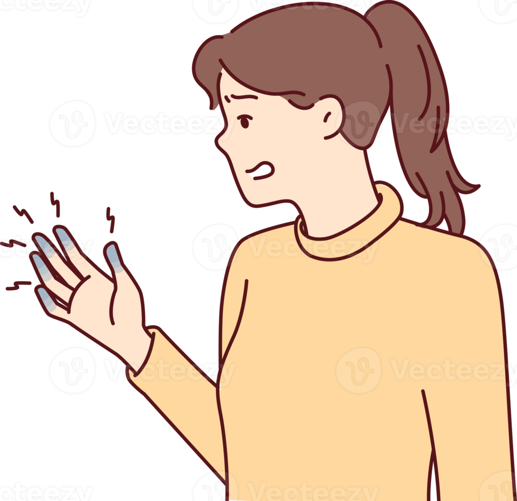 Woman experiencing with blue fingers after injury or chronic illness tormented by pain. Vector image png