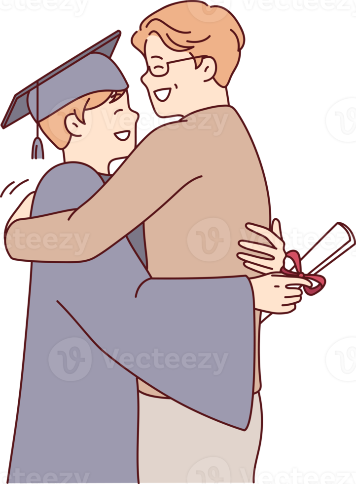 Young guy university graduate in academic robe hugs father after receiving diploma png