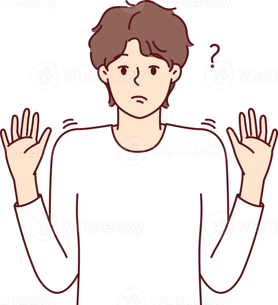 desconcertado hombre levanta manos arriba como firmar de carencia de opciones para resolviendo problema png