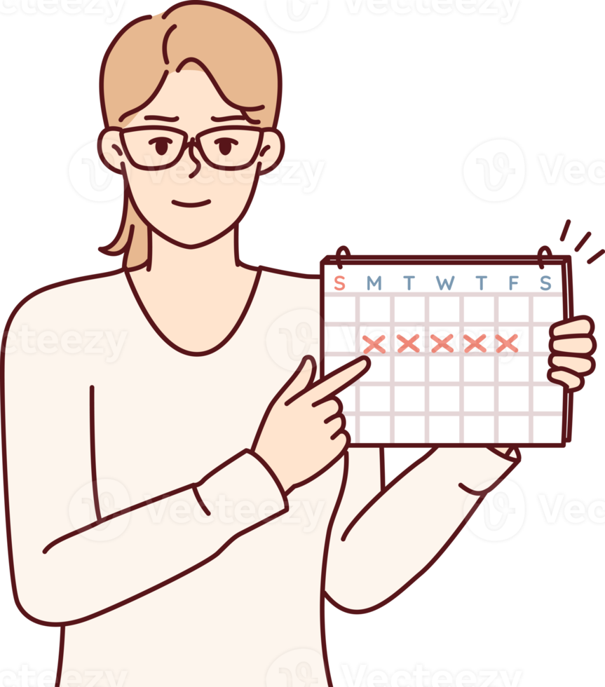 Young woman points finger at calendar with marks recommending time management png
