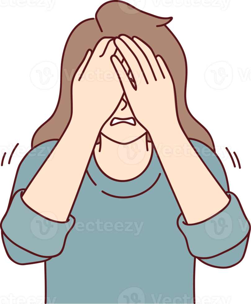 Depressed woman covers eyes with hands when she cries or sees something scary png