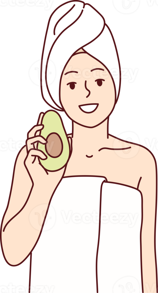 Woman in white towel after getting out SPA recommends using avocado for cosmetic masks png