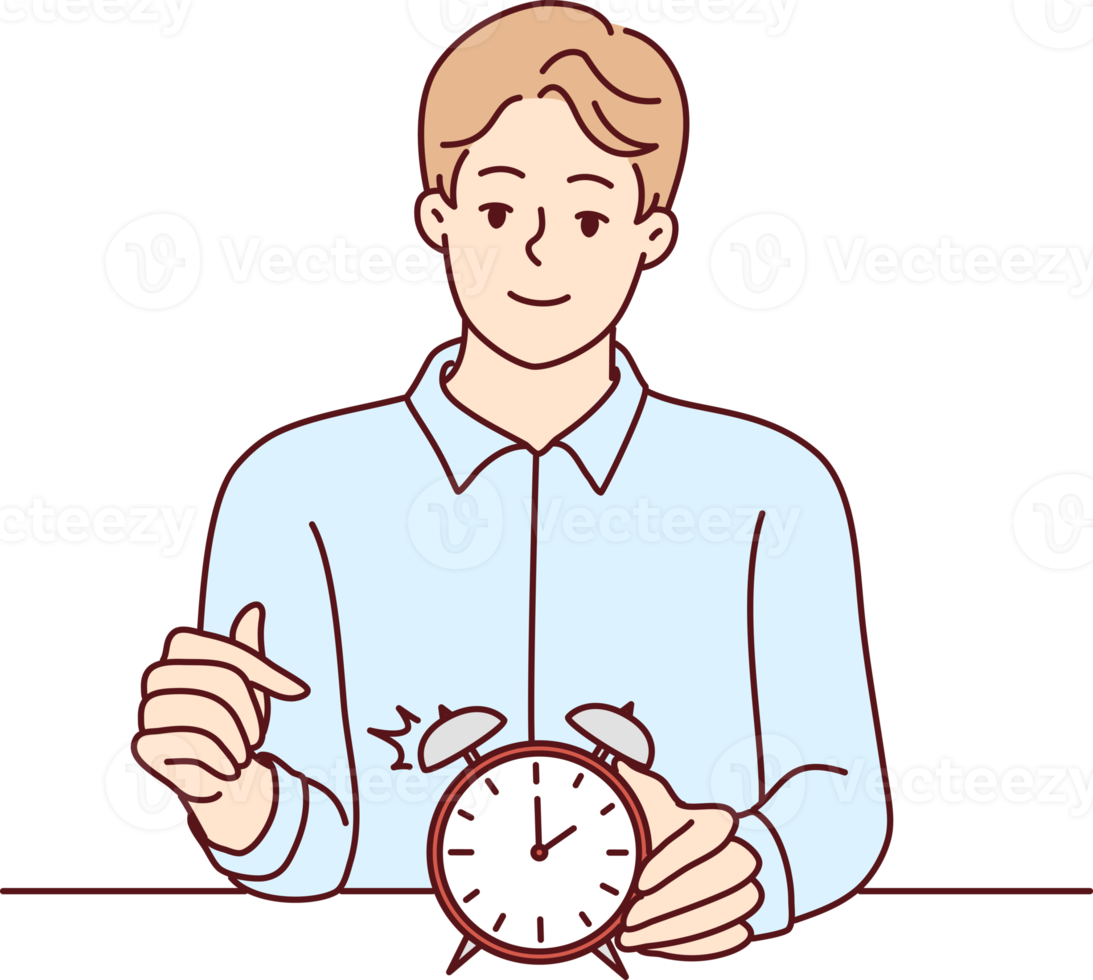 Smiling man points finger at alarm clock to remind of time management at works png