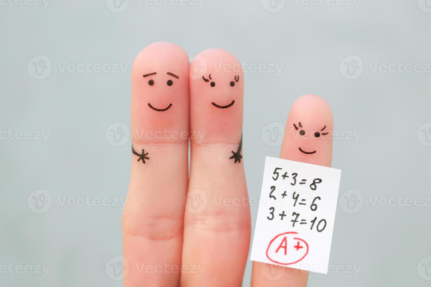 Fingers art of happy family. Concept of child got good grade. photo