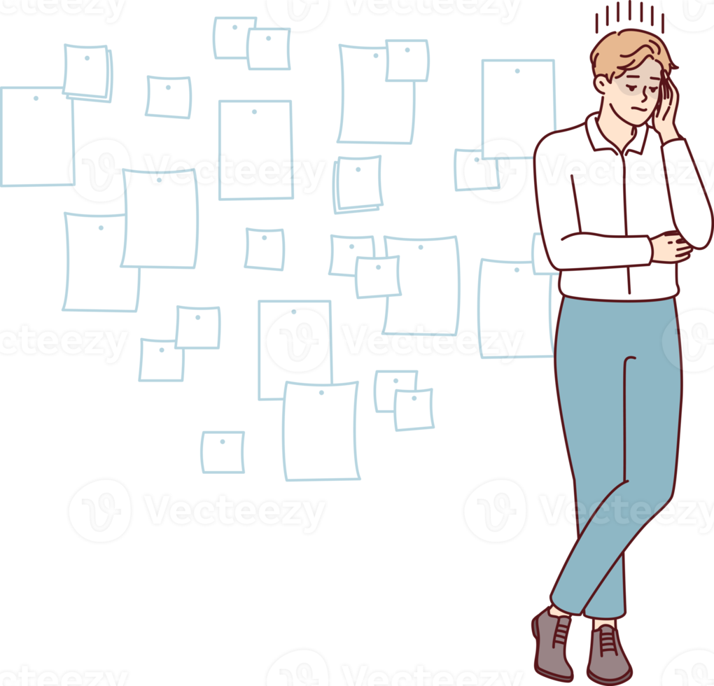Man project manager stands cross-legged and touches head thinking about f company png