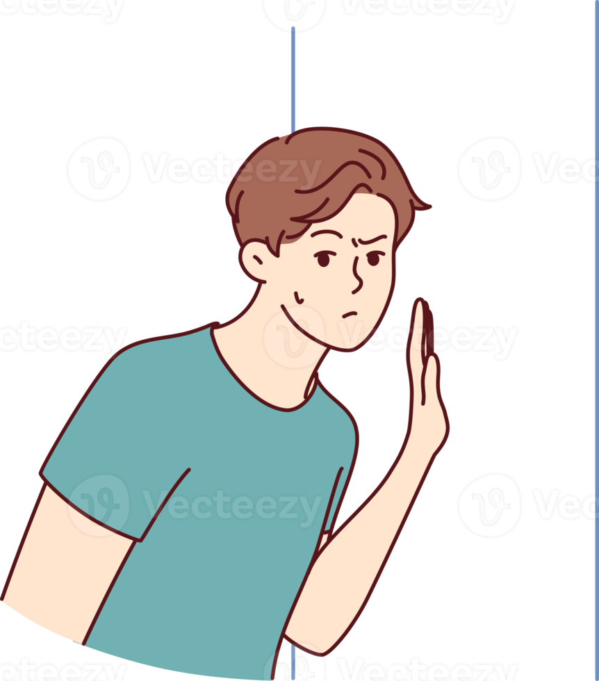 Embarrassed man leaned against door, wanting to eavesdrop on someone else secret png