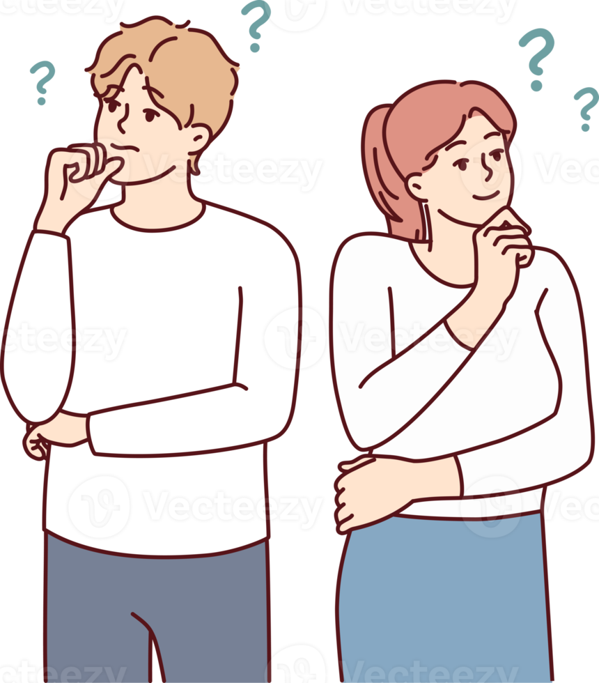 Man and woman look in different directions and scratch their chins thinking idea png