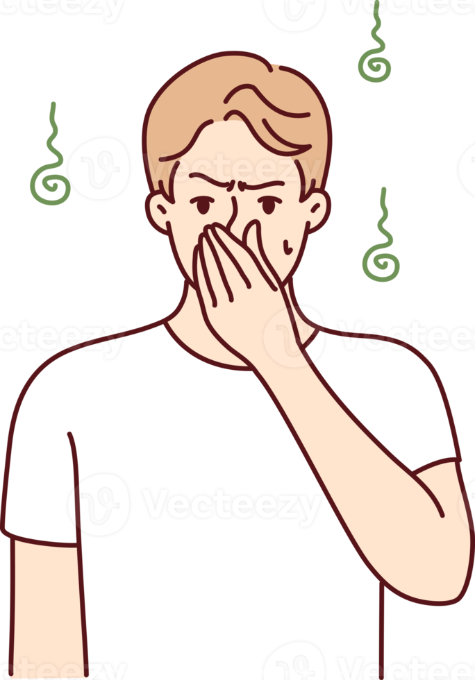 Dissatisfied man pinching nose with hand suffering from unpleasant smell of sweat png