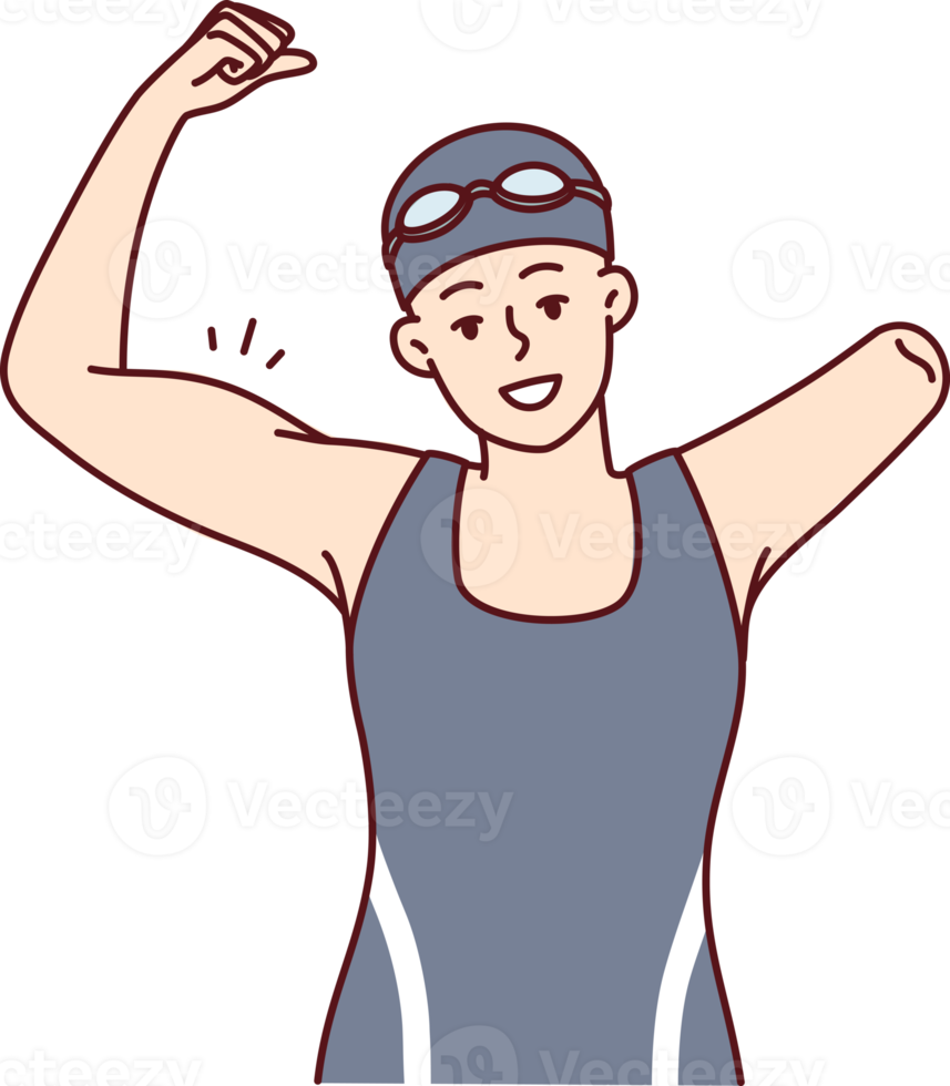 Woman swimmer with one arm showing strength by showing biceps as sign of victory png